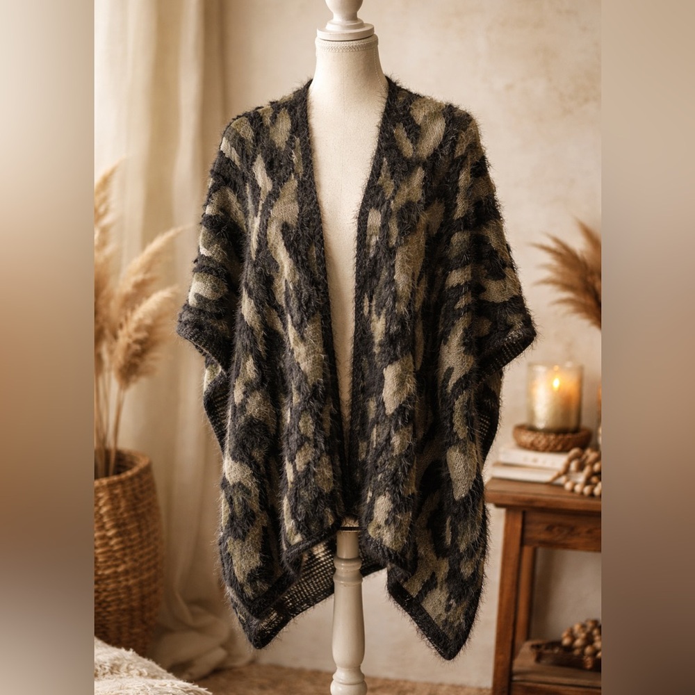 Cozy Fuzzy Camo‎ Knit Ruana Wrap Cardigan Boho Neutral Layer - OS